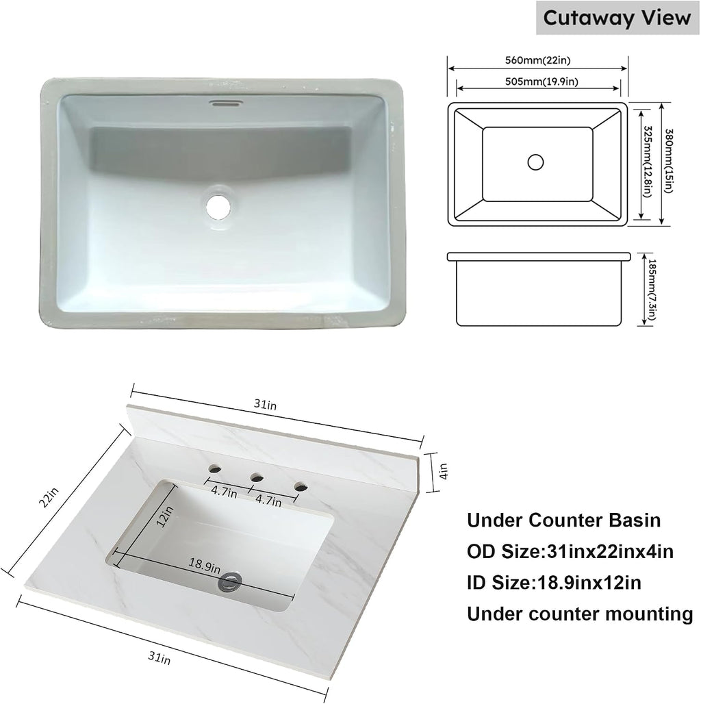Leavader 31 x 22 Inch Bathroom Vanity with Sink, Elegant White Sintered Stone Marble Top with Rectangular Undermount Sink & Backsplash