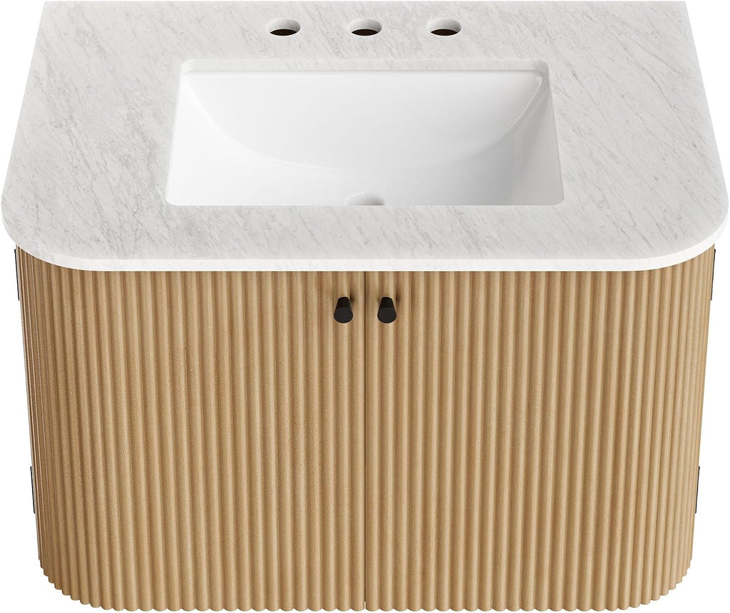 Modway Zia 30 Inch Wall-Mount Bathroom Vanity in Natural with Marble Sink Basin - Floating Bathroom Cabinet with Fluted Design