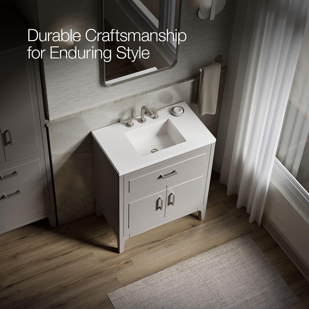 Kohler Seer 30 Inch Bathroom Vanity Cabinet with White Single Sink and Quartz Top, Modern Bathroom Vanity, Mohair Gray, K-33552-ASB-1WT