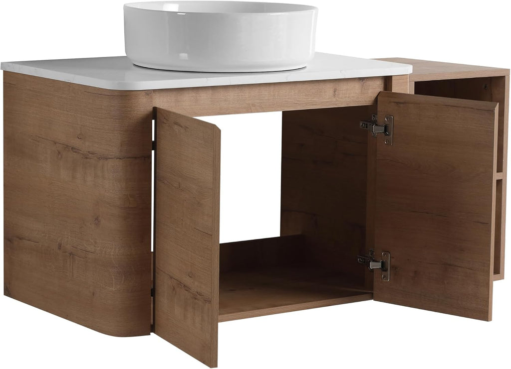 42' Bathroom Vanity with Sink, 42 Inch Floating Vanity with Ceramic Sink, Single Sink Wall Mounted Vanity Combo, Modern Brown Bathroom Vanity Set with 2 Soft Close Door and 1 Storage Shelf