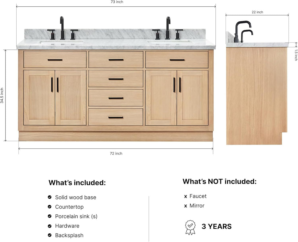 DKB Isabella 72' Oak Double Bathroom Vanity with Sink, 1.5' Carrara White Marble Countertop, Rectangle Undermount Sinks, 4 Soft Closing Doors, 6 Dovetail Drawers