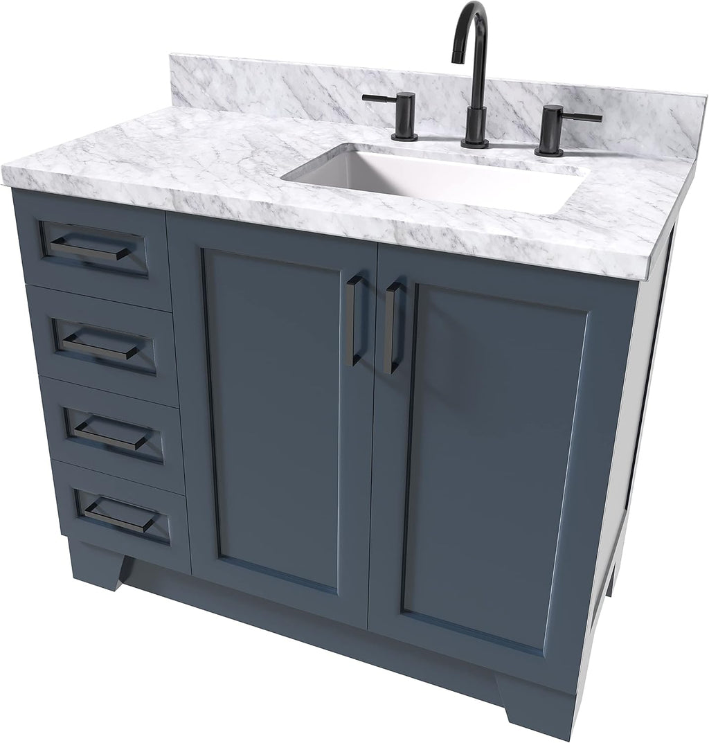 ARIEL Taylor 42-inch Bathroom Vanity with Sink,Solid Wood, 1.5-inch Italian Carrara Marble Countertop, Single Rectangular Porcelain Sink, 2 Soft Closing Doors, 5 Dovetail Drawers, Midnight Blue