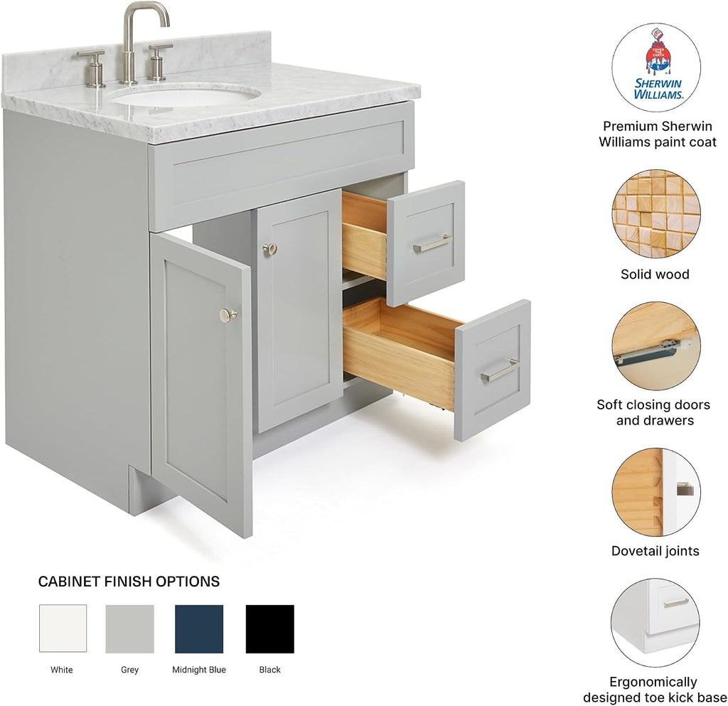 DKB Bradford 36-Inch Grey Bathroom Vanity with 1.5-Inch Edge Italian Carrara Marble Countertop & Backsplash, Left Oval Sink, 2 Soft-Closing Doors, 2 Dovetail Drawers, Brushed Nickel Hardware