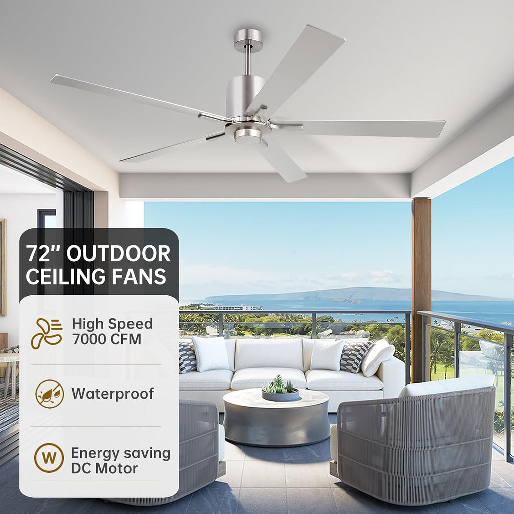 OFANTOP Modern Silver 72 Inch Large Ceiling Fans with Lights and Remote, Quiet Reversible DC Motor for Patio Living Room, 6 Speed