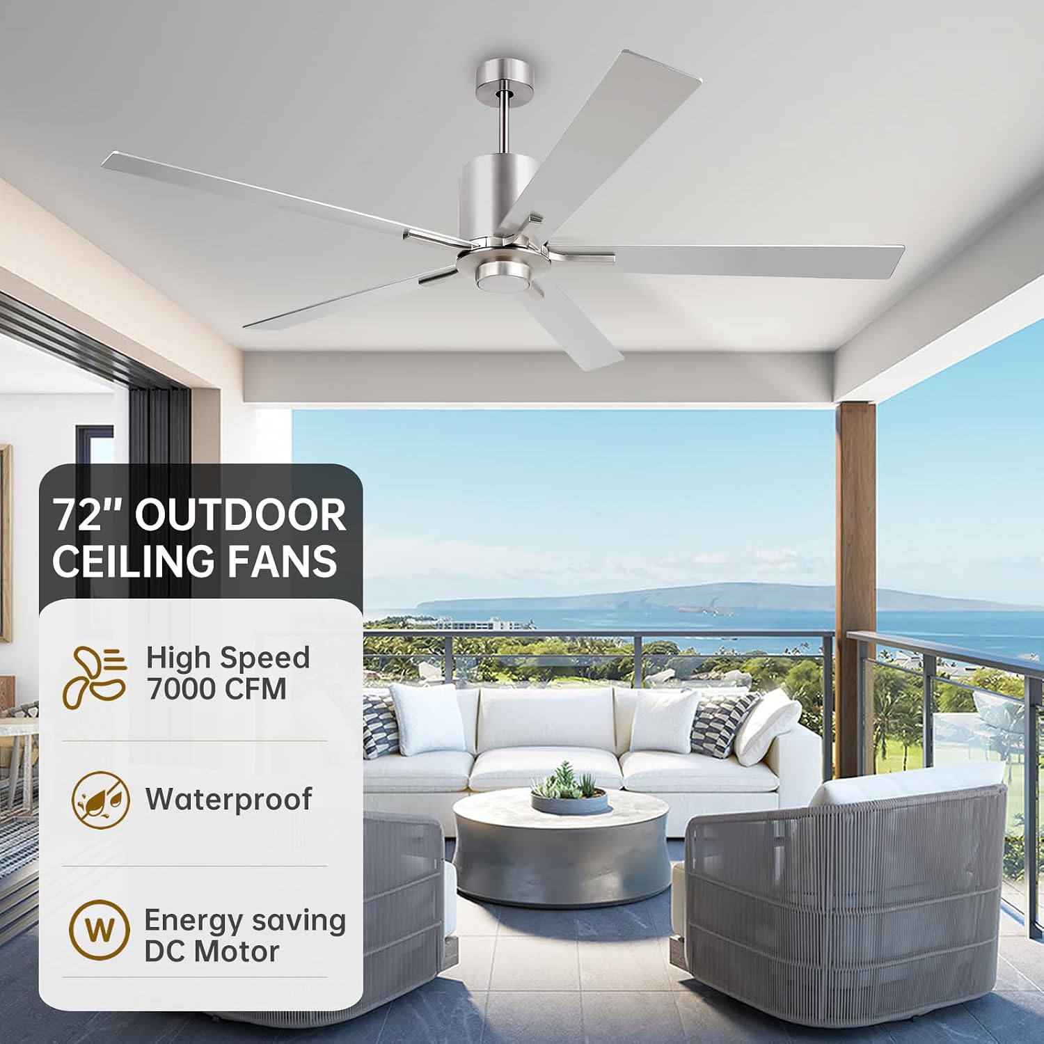 OFANTOP Modern Silver 72 Inch Large Ceiling Fans with Lights and Remote, Quiet Reversible DC Motor for Patio Living Room, 6 Speed
