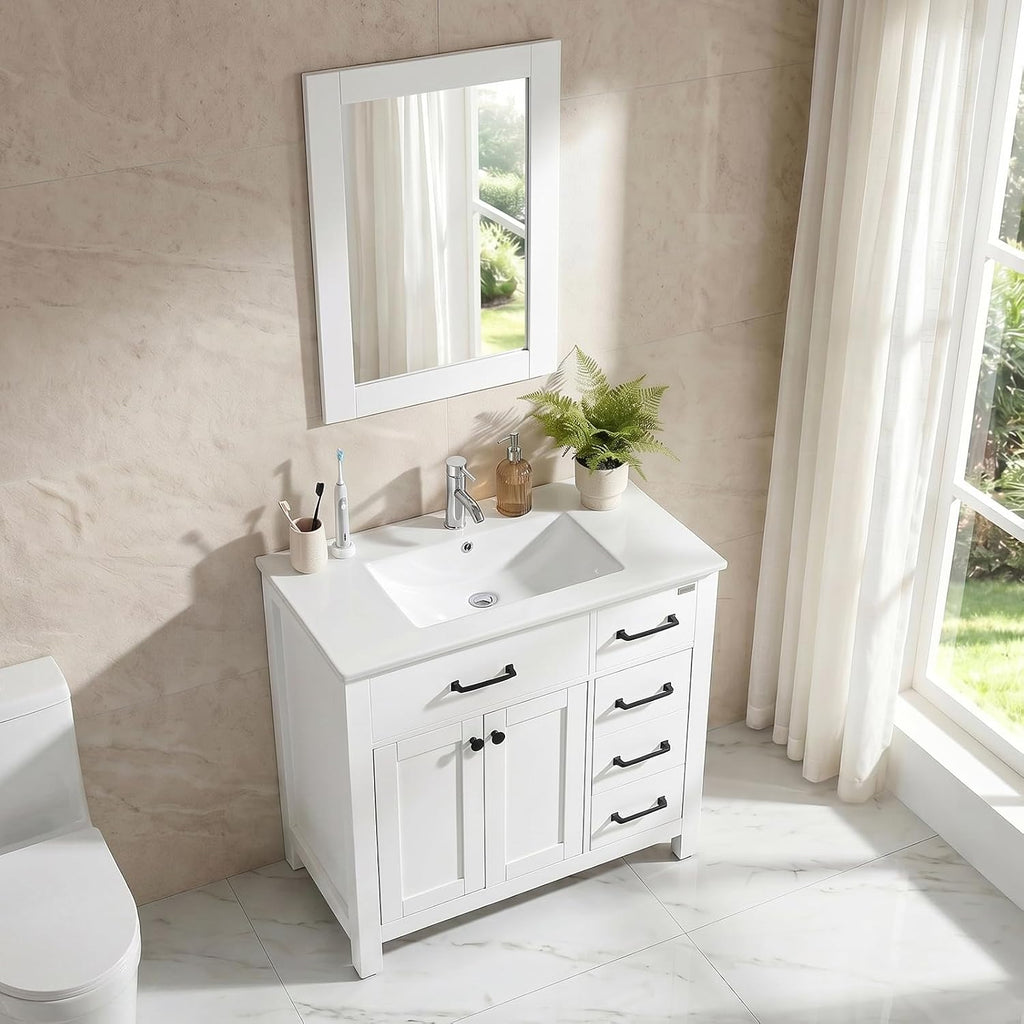 36 inch Bathroom Vanity with Sink and Countertop Faucet Modern White | Freestanding bathroom vanity cabinet, ceramic single sink combo
