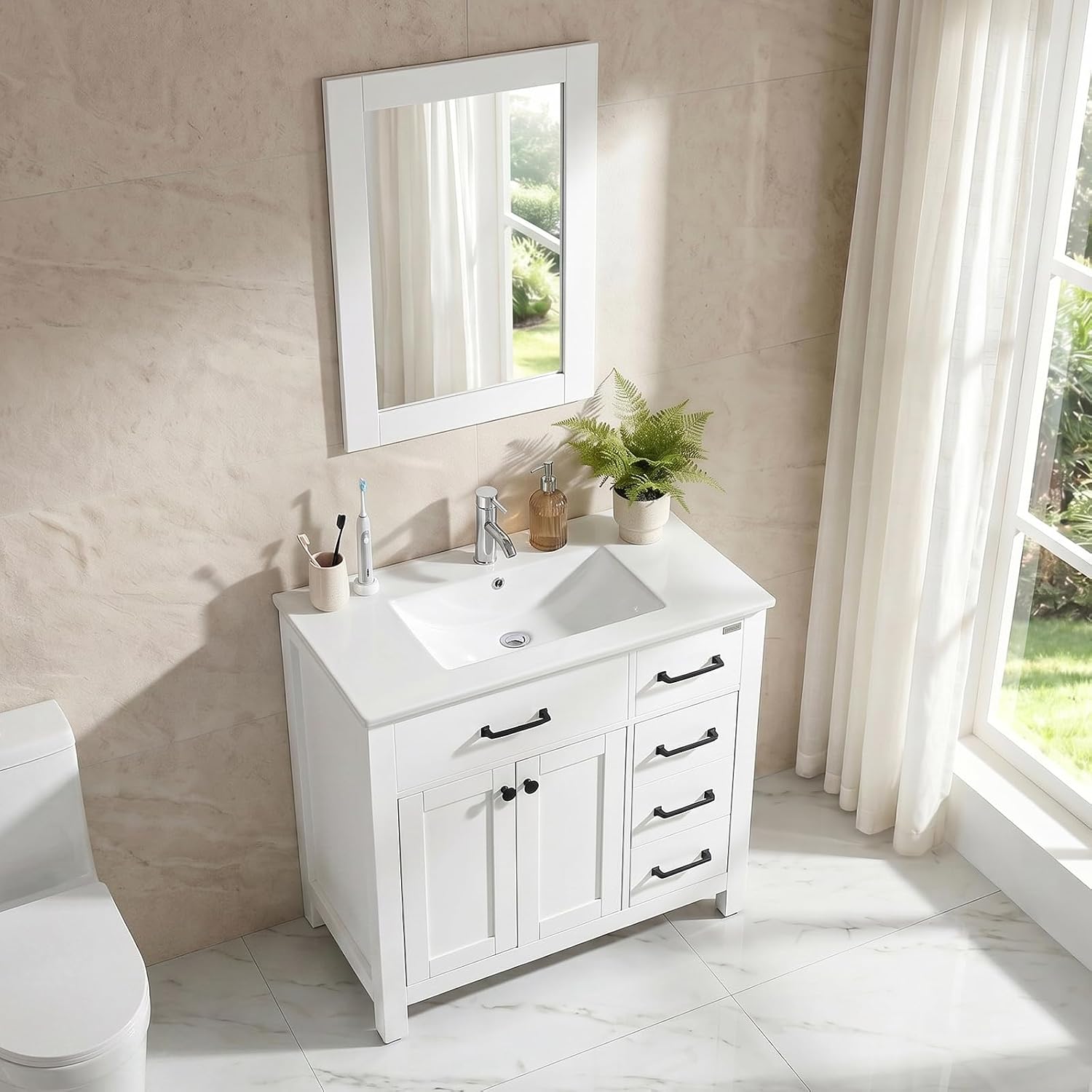 36 inch Bathroom Vanity with Sink and Countertop Faucet Modern White | Freestanding bathroom vanity cabinet, ceramic single sink combo