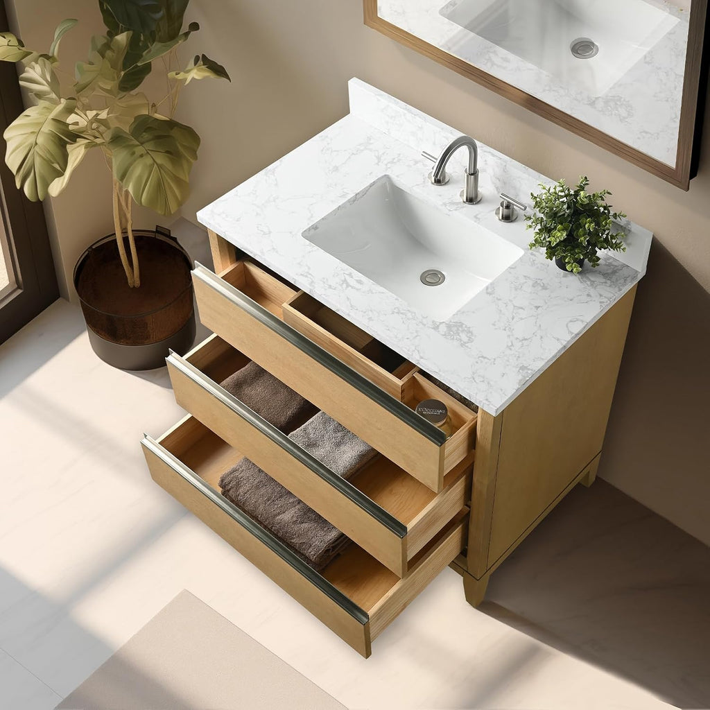 Vanity Art 36 inch Bathroom Vanity with Sink & Ceramic Top, Vanity Cabinet with 2 Drawers & 1 Multifunctional Drawer, Natural Oak, VA8036-NO1