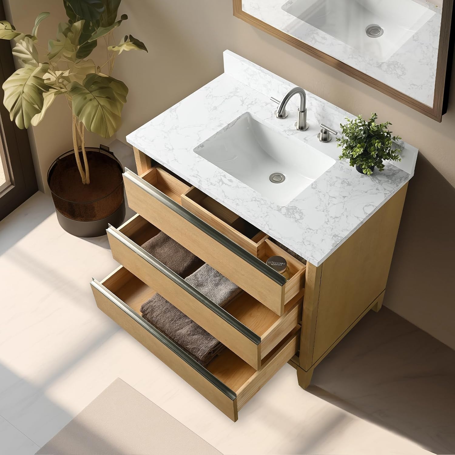 Vanity Art 36 inch Bathroom Vanity with Sink & Ceramic Top, Vanity Cabinet with 2 Drawers & 1 Multifunctional Drawer, Natural Oak, VA8036-NO1