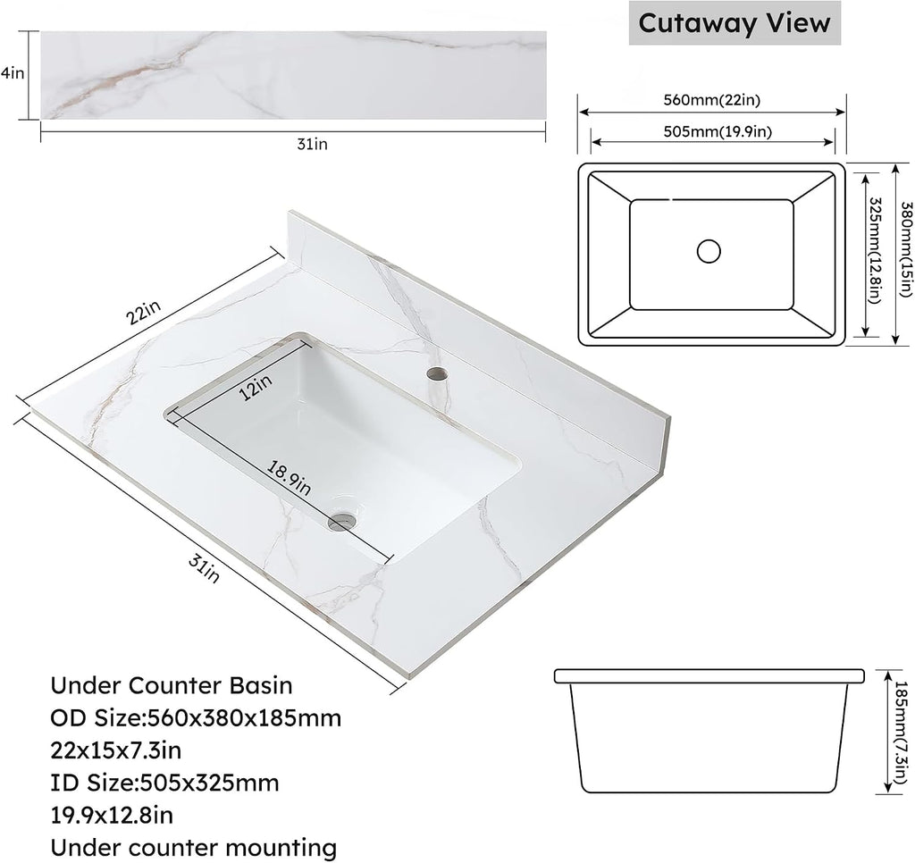 31 x 22 Inch Bathroom Vanity Top, Sintered Stone Top with Ceramic Sink, Single Hole Vanity Top With Undermount Rectangular Sink and 1 Backsplash (Carrara Gold, 1 Hole)