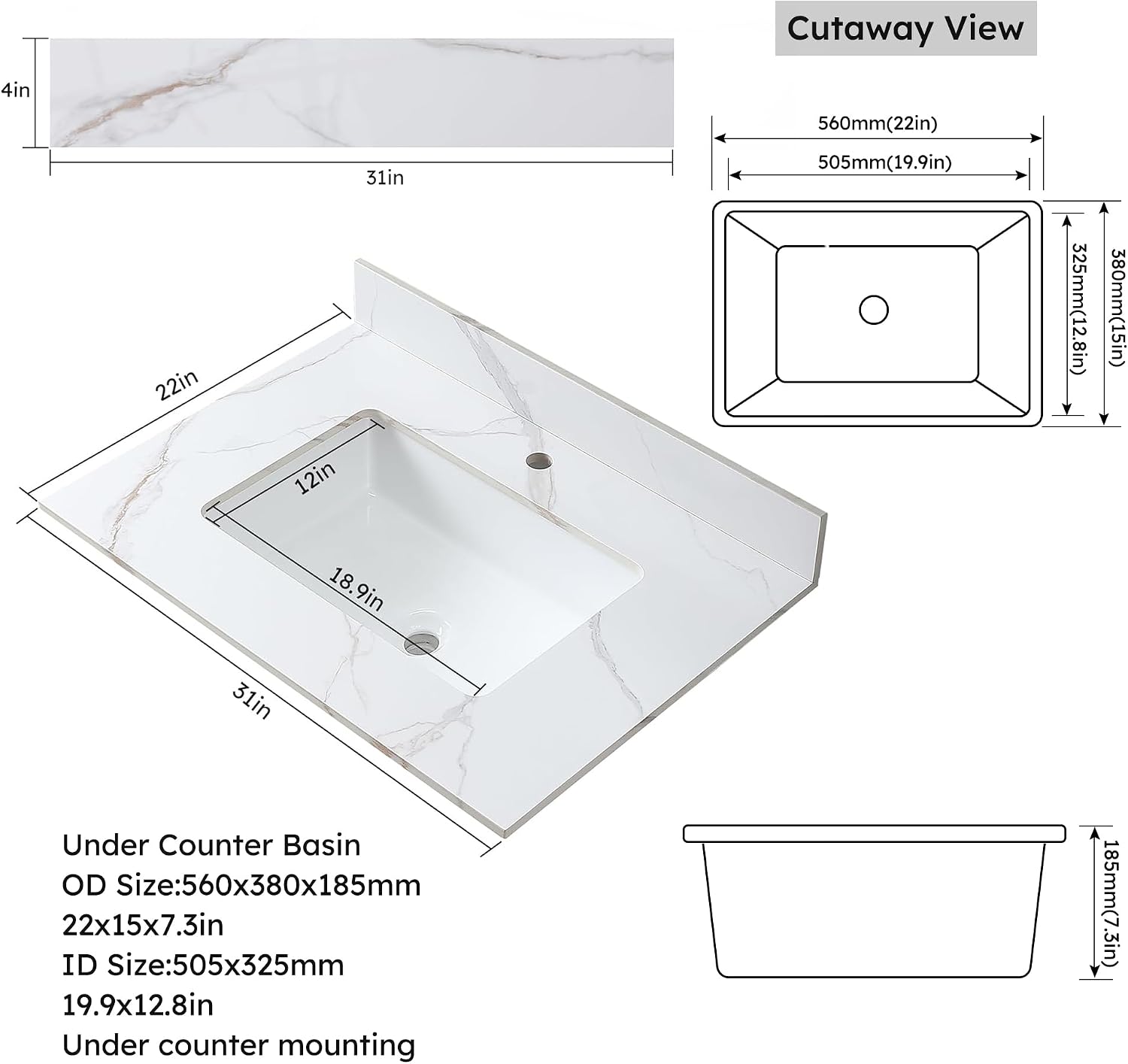 31 x 22 Inch Bathroom Vanity Top, Sintered Stone Top with Ceramic Sink, Single Hole Vanity Top With Undermount Rectangular Sink and 1 Backsplash (Carrara Gold, 1 Hole)