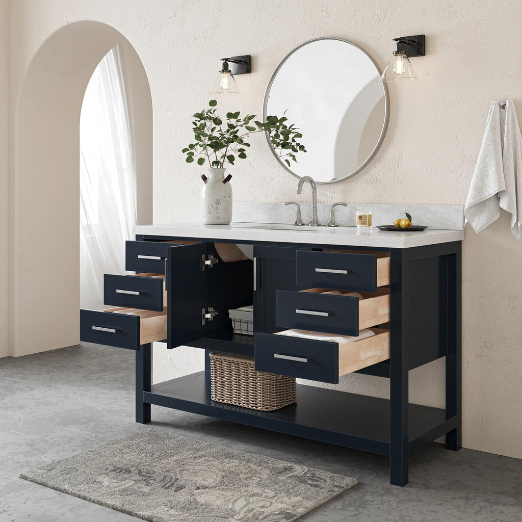 ARIEL Magnolia 54-inch Bathroom Vanity with Sink,Solid Wood, 1.5-inch Italian Carrara Marble Countertop, Single Rectangular Porcelain Sink, 2 Soft Closing Doors, 6 Dovetail Drawers, Midnight Blue