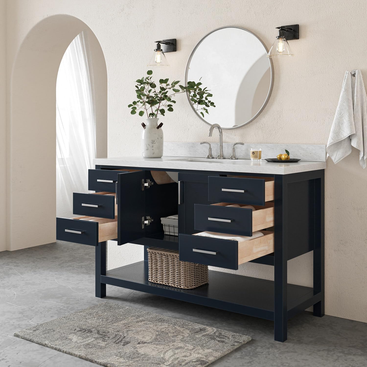 ARIEL Magnolia 54-inch Bathroom Vanity with Sink,Solid Wood, 1.5-inch Italian Carrara Marble Countertop, Single Rectangular Porcelain Sink, 2 Soft Closing Doors, 6 Dovetail Drawers, Midnight Blue