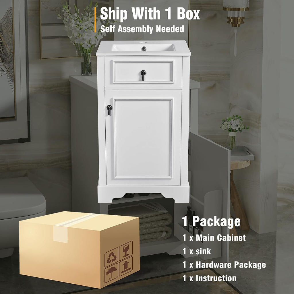 Harper & Bright Designs 20' Bathroom Vanity with Sink, Free Standing Single Basin Vanity Set with Soft Close Door & Adjustable Shelf, Solid Wood Storage Cabinet with Ceramic Basin for Bathroom, White