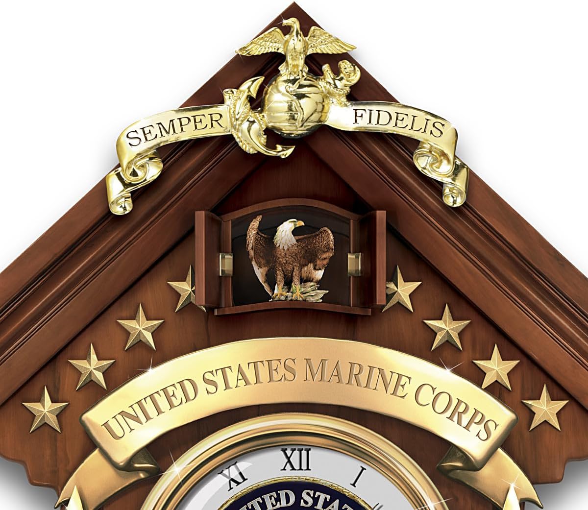 The Bradford Exchange USMC Semper Fi Fully Sculpted Cuckoo Clock with Mahogany Finish