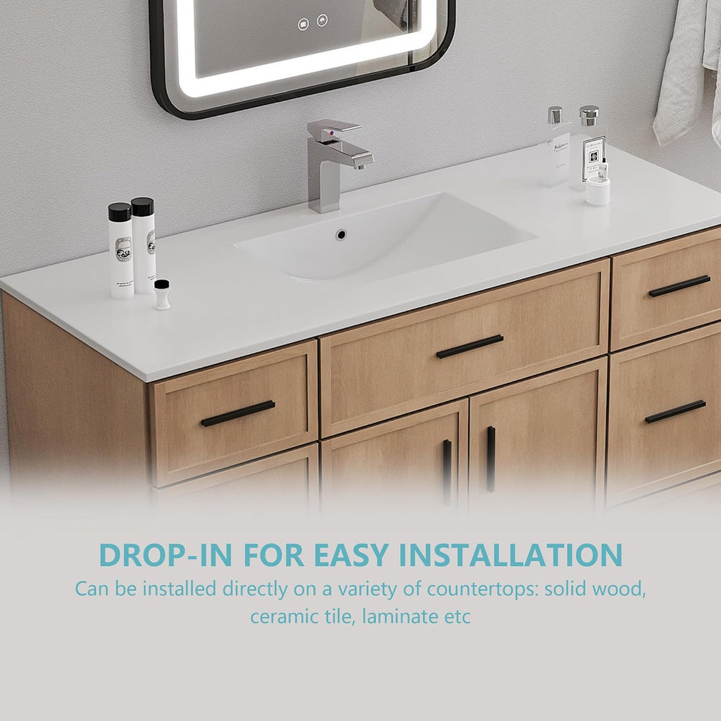 48' Undermount Bathroom Sink, White Rectangular Ceramic Vanity Sink Top with Overflow, Porcelain Under Counter Lavatory Vanity Sink for Small Bathrooms