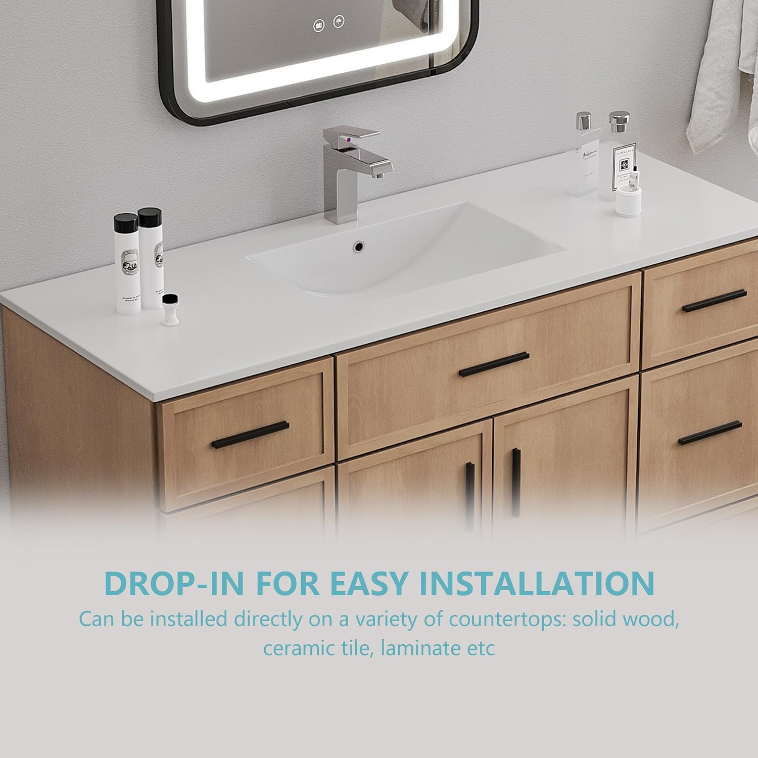 48' Undermount Bathroom Sink, White Rectangular Ceramic Vanity Sink Top with Overflow, Porcelain Under Counter Lavatory Vanity Sink for Small Bathrooms