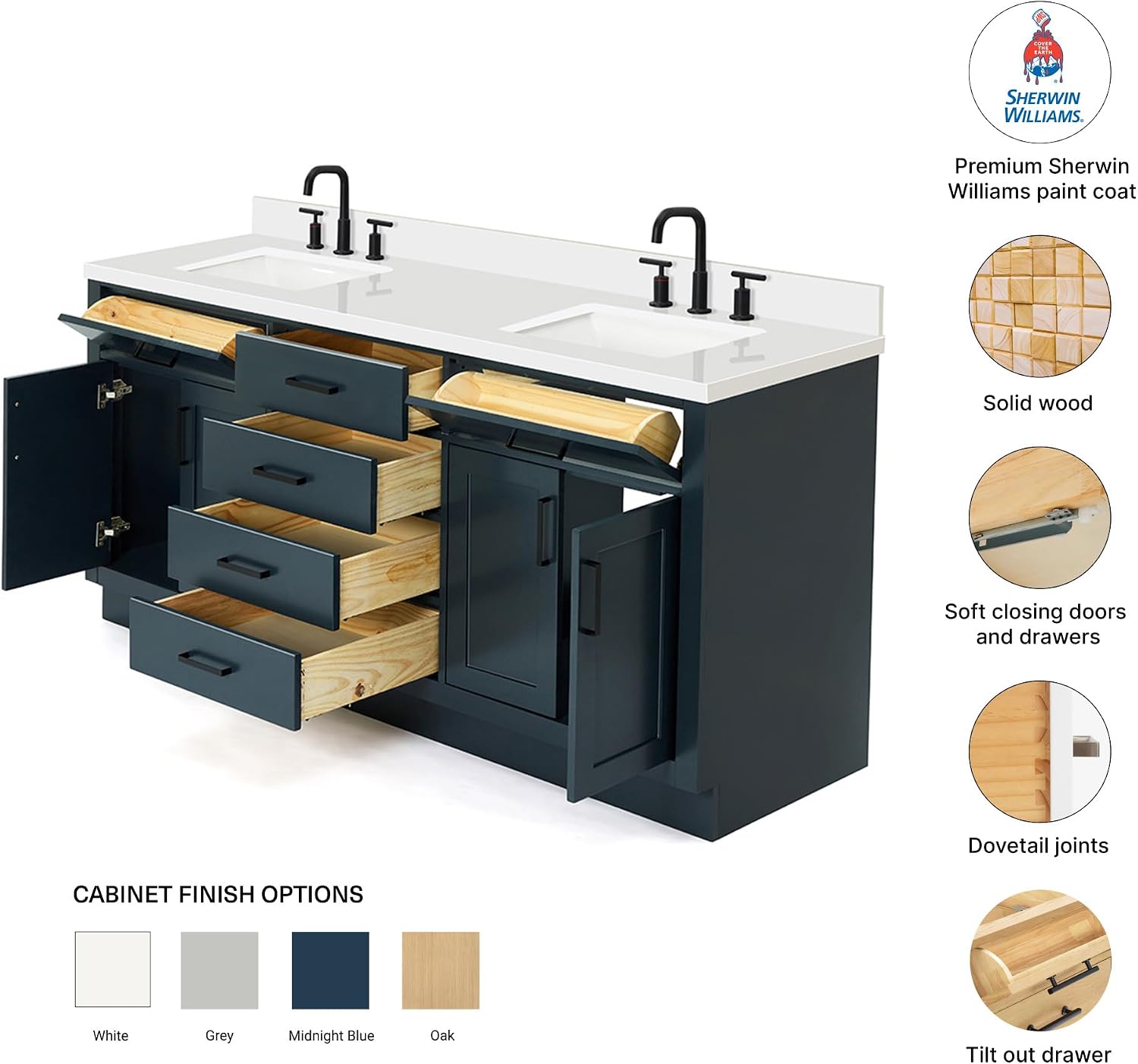 DKB Isabella 72 Inch Bathroom Vanity Double Sink — Midnight Blue Bathroom Vanity with Sink, 1.5' Edge Pure White Quartz Countertop, 4 Soft-Close Doors, 4 Dovetail Drawers, and 2 Tilt Drawers