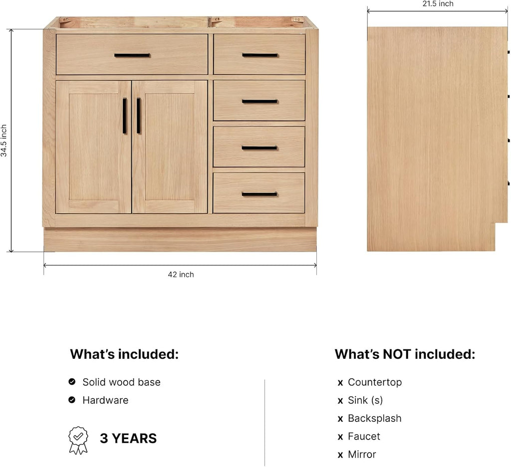 ARIEL Hepburn 42-inch Bathroom Vanity Base Cabinet,Solid Wood, 2 Soft Closing Doors, 5 Dovetail Drawers, White Oak