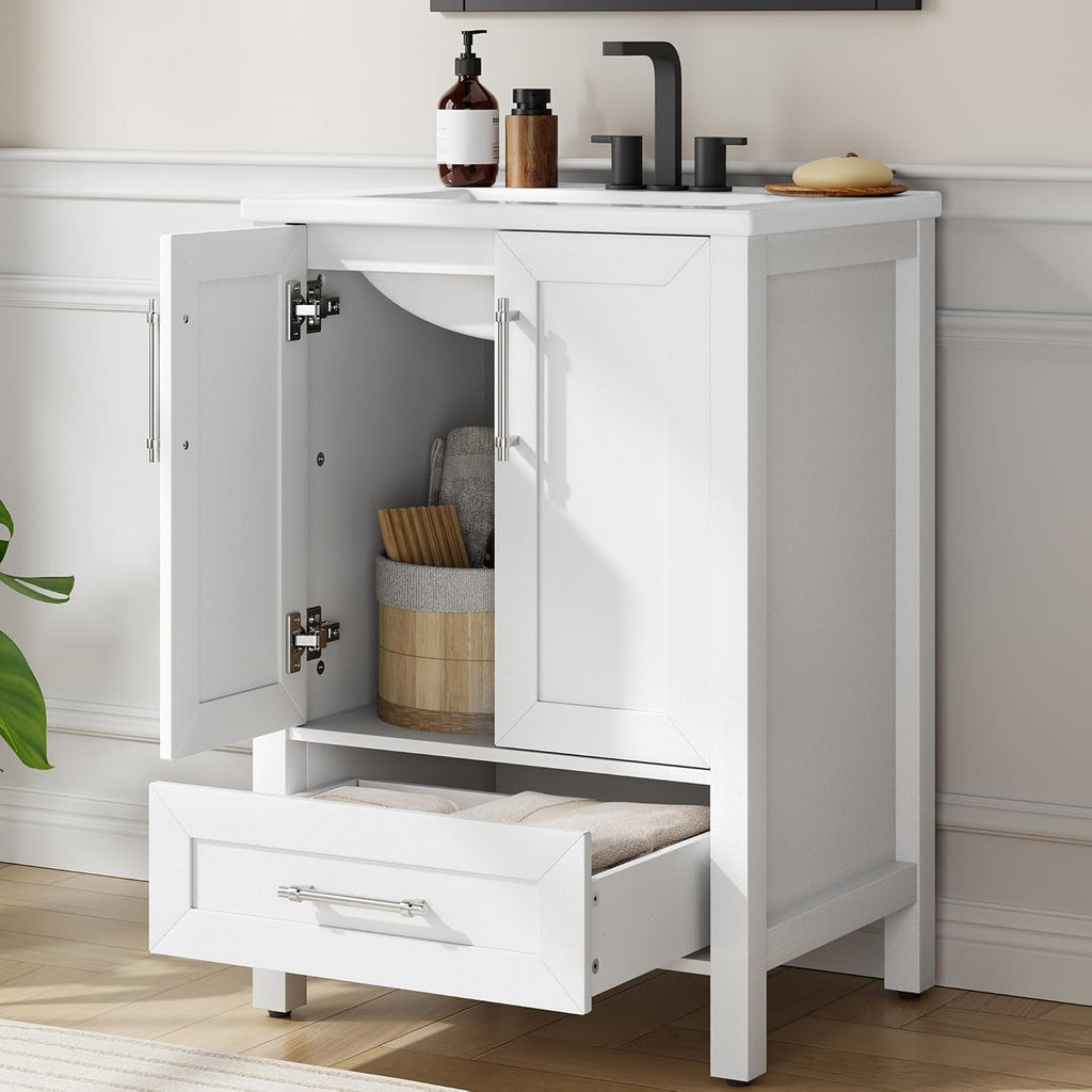 GarveeHome 24' Bathroom Vanity with Sink, Vintage Bathroom Cabinet Vanity with Doors & Drawers, Farmhouse Wooden Freestanding Bathroom Cabinet with Top