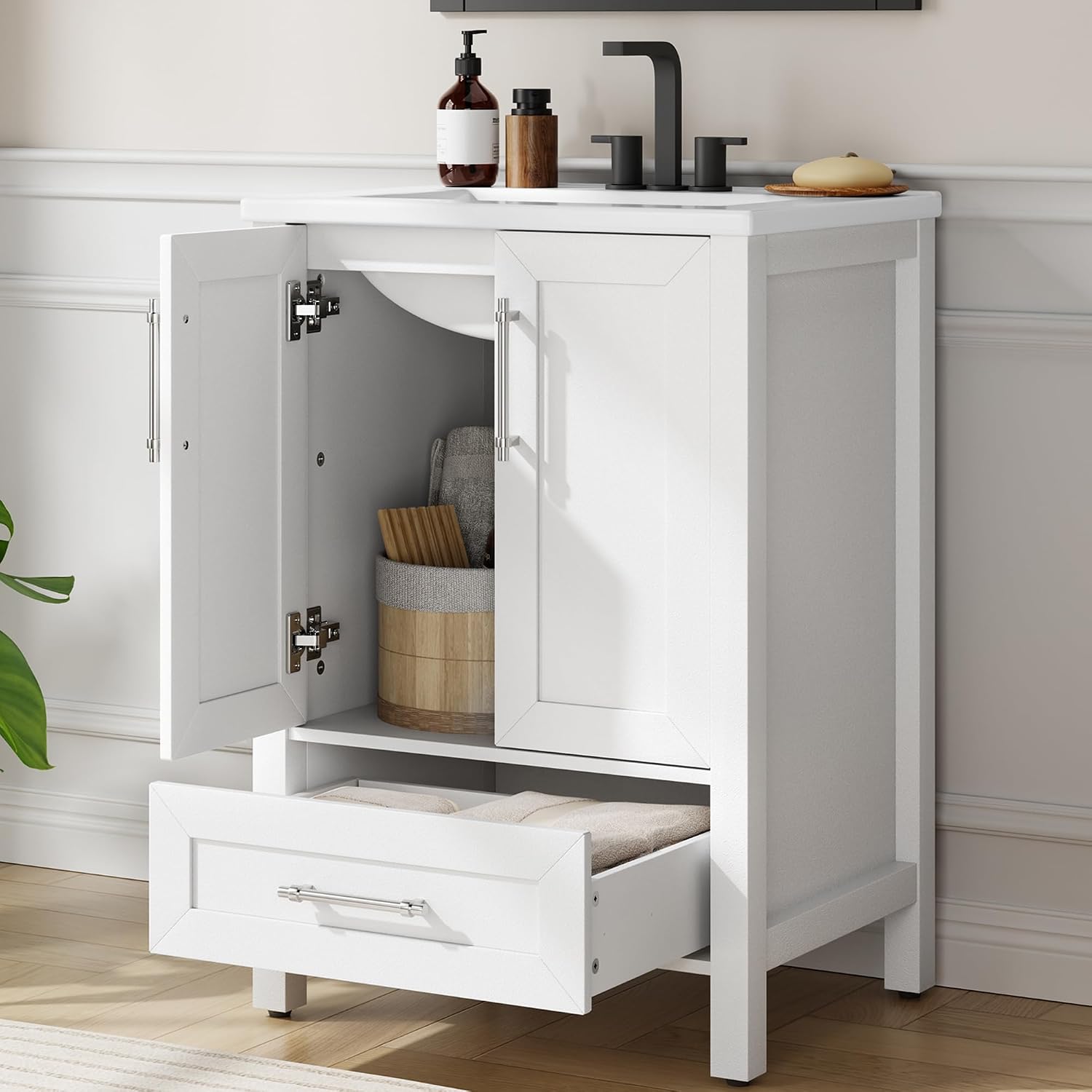GarveeHome 24' Bathroom Vanity with Sink, Vintage Bathroom Cabinet Vanity with Doors & Drawers, Farmhouse Wooden Freestanding Bathroom Cabinet with Top
