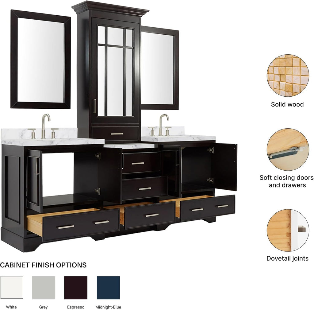 ARIEL Stafford 84-inch Bathroom Vanity with Sink,Solid Wood, 1.5-inch Italian Carrara Marble Countertop, Double Rectangular Porcelain Sink, 5 Soft Closing Doors, 6 Dovetail Drawers, Espresso