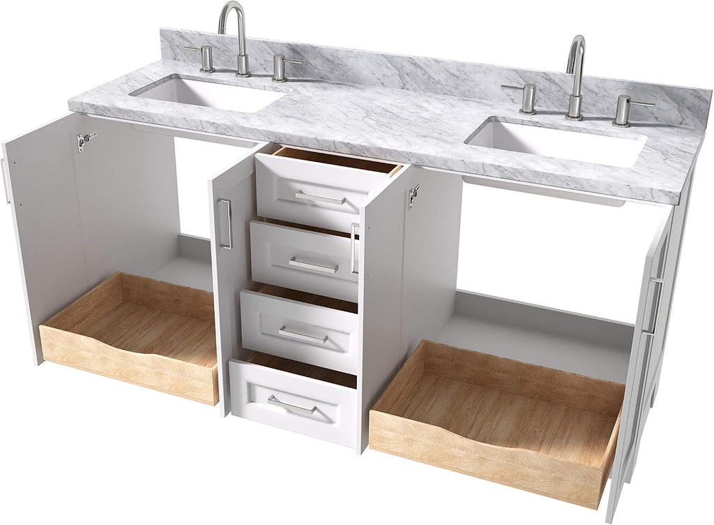 ARIEL Taylor 72-inch Bathroom Vanity with Sink,Solid Wood, 1.5-inch Italian Carrara Marble Countertop, Double Rectangular Porcelain Sink, 4 Soft Closing Doors, 6 Dovetail Drawers, White