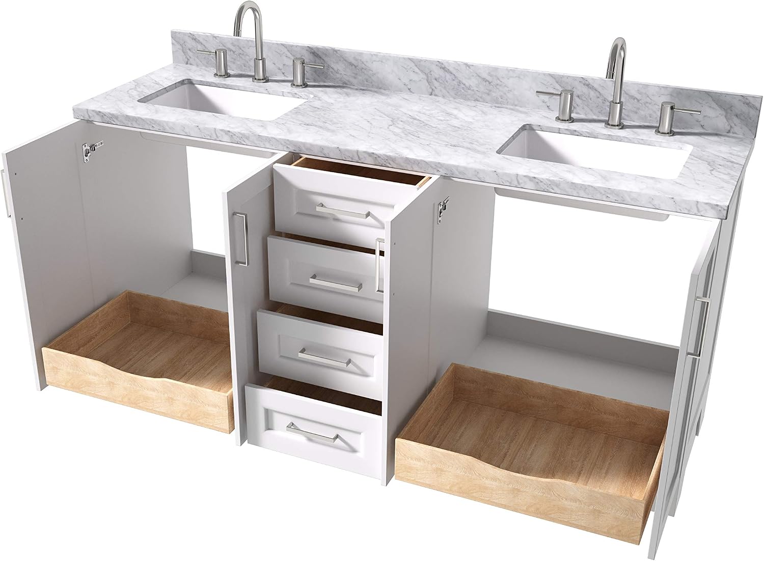 ARIEL Taylor 72-inch Bathroom Vanity with Sink,Solid Wood, 1.5-inch Italian Carrara Marble Countertop, Double Rectangular Porcelain Sink, 4 Soft Closing Doors, 6 Dovetail Drawers, White