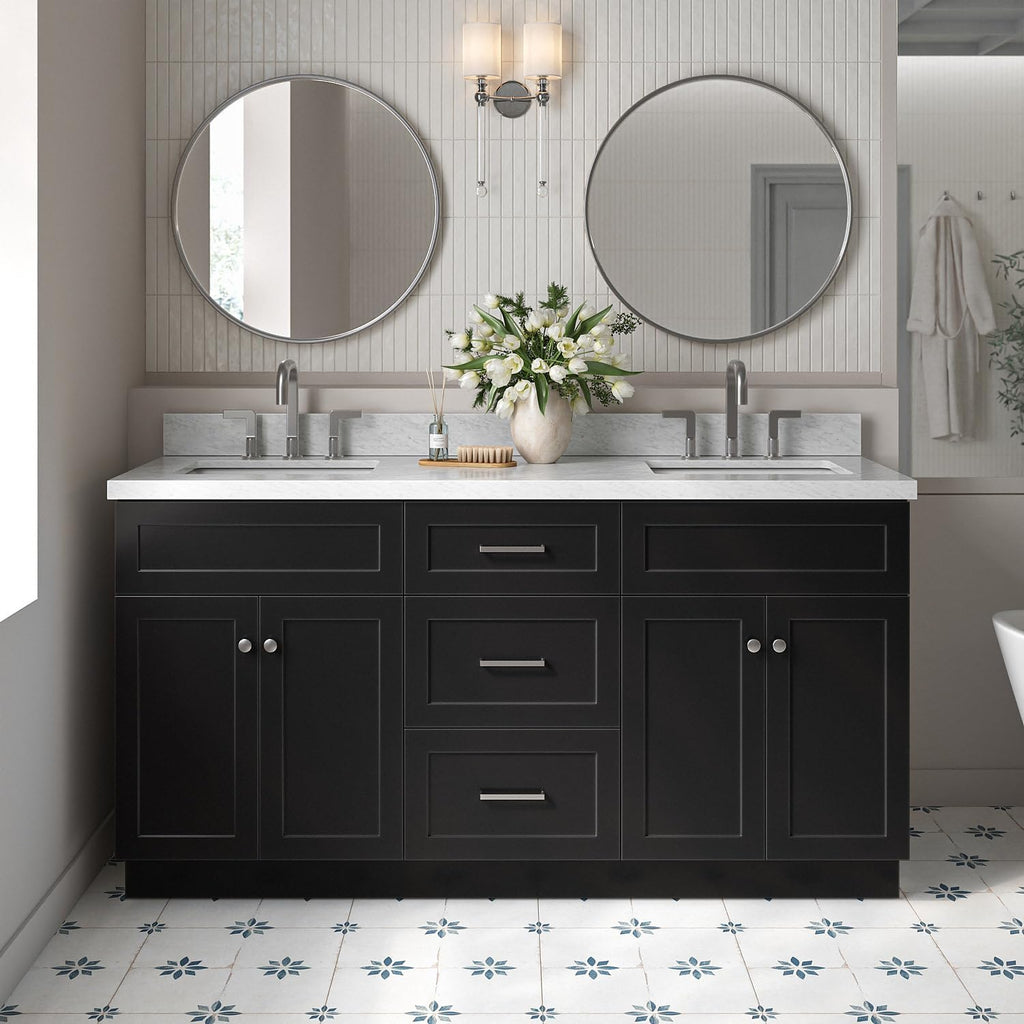 ARIEL Hamlet 66-inch Bathroom Vanity with Sink,Solid Wood, 1.5-inch Italian Carrara Marble Countertop, Double Rectangular Porcelain Sink, 4 Soft Closing Doors, 3 Dovetail Drawers, Black