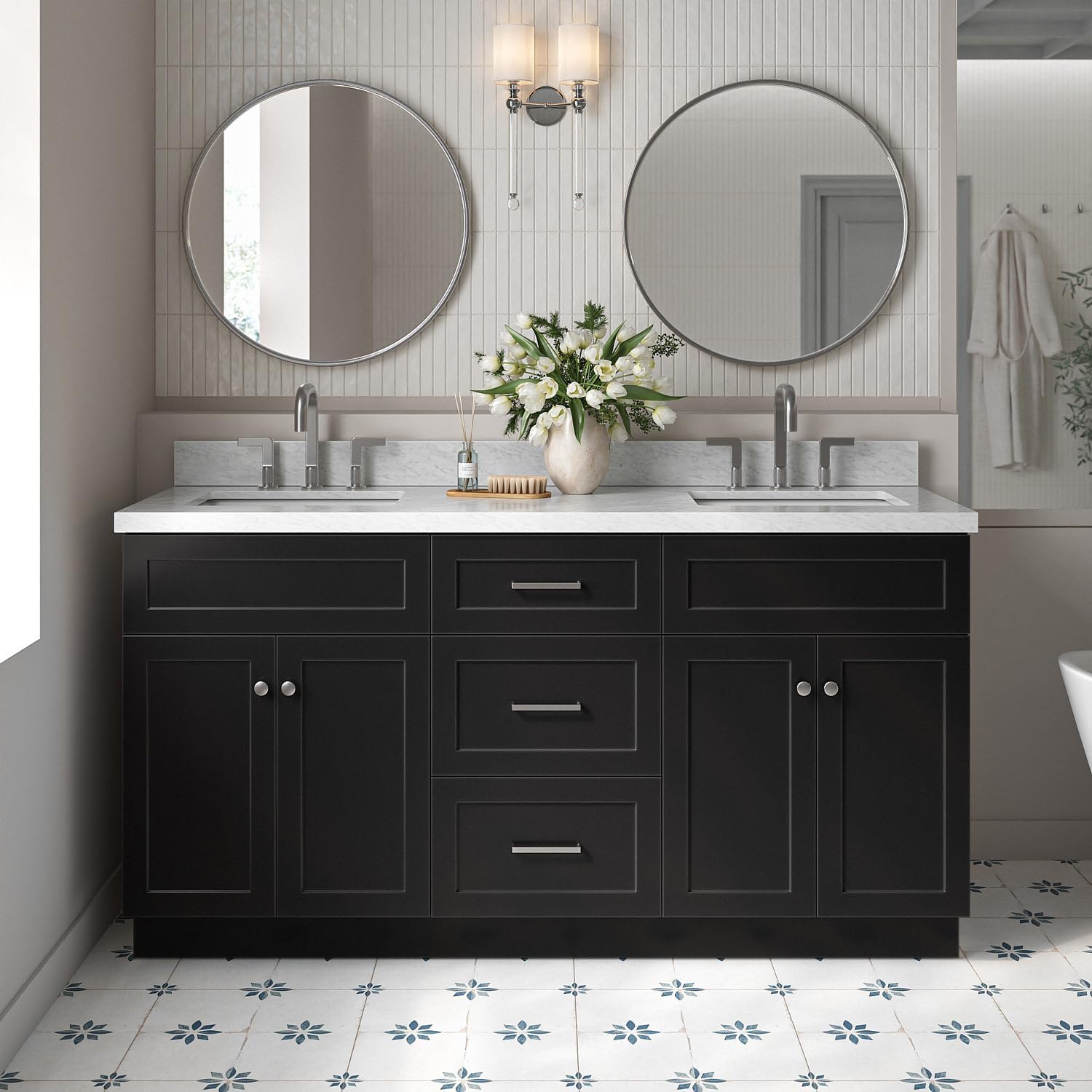 ARIEL Hamlet 66-inch Bathroom Vanity with Sink,Solid Wood, 1.5-inch Italian Carrara Marble Countertop, Double Rectangular Porcelain Sink, 4 Soft Closing Doors, 3 Dovetail Drawers, Black