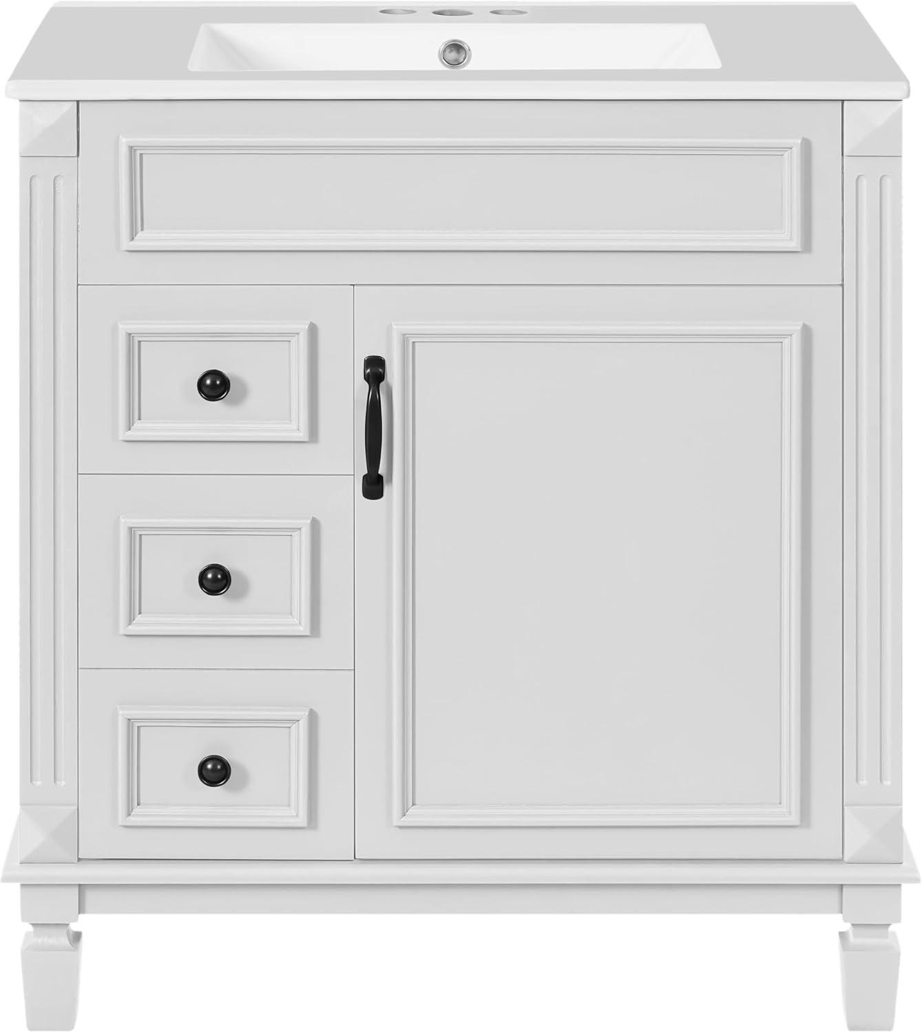 30 Inch White Bathroom Vanity with Sink & & Black Handles,Modern Bathroom Vanity with 2 Left Hand Drawers & Adjustable Shelf,Soft Closing Doors,Solid Wood Frame,French Embossed Front