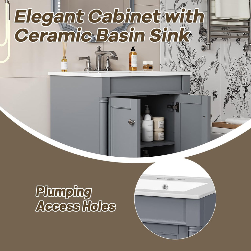 Merax 24' Bathroom Vanity with Sink, Powder Room Small Bathroom Vanity with 2-Door Cabinet, Undermount Sink, Solid Wood Frame Bathroom Storage Cabinet