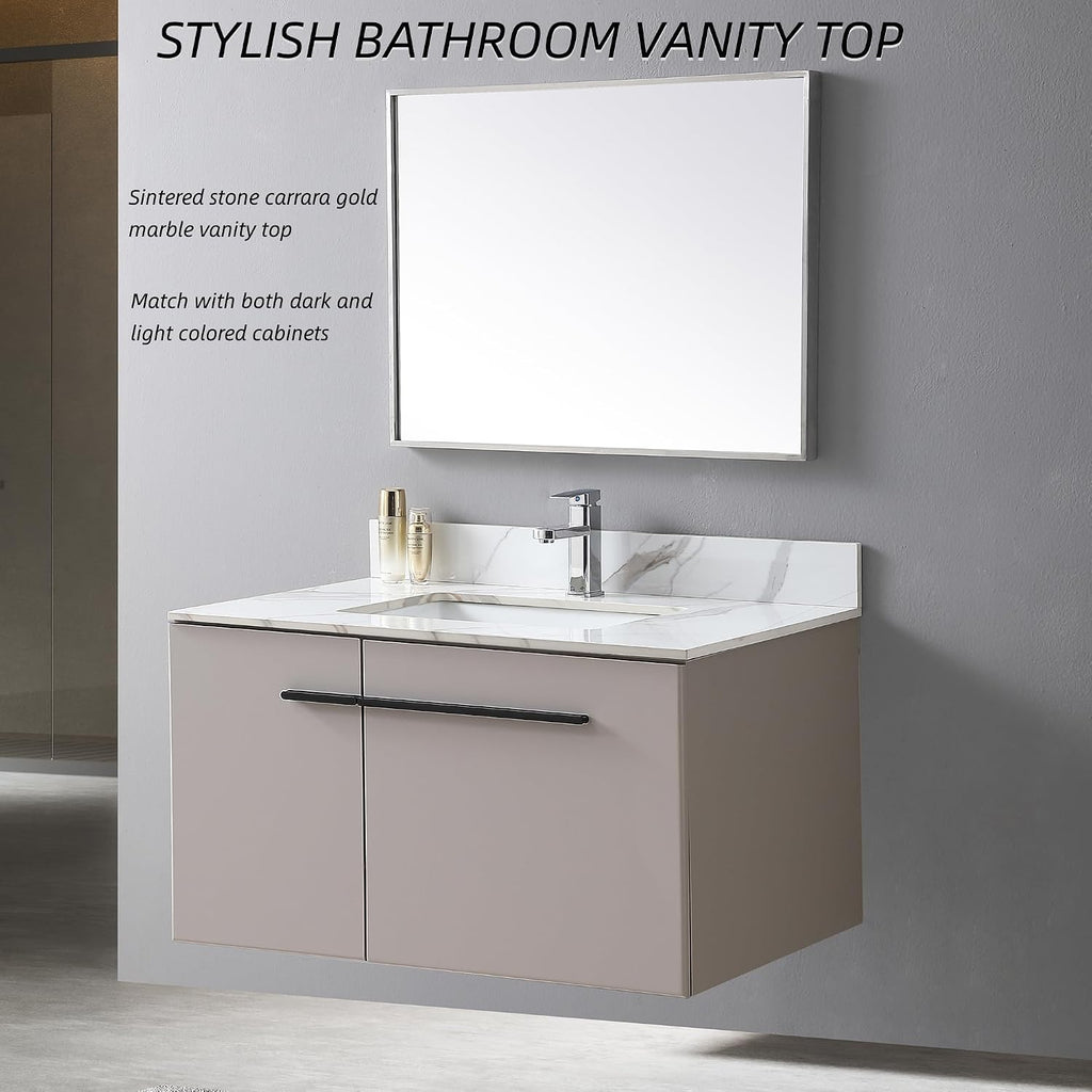 37 Inch Bathroom Vanity Top with Undermounted Large Ceramic Sink & Backsplash, Sintered Stone Artificial Marble Vanity Sink Tops with 1 hole, Carrara Gold