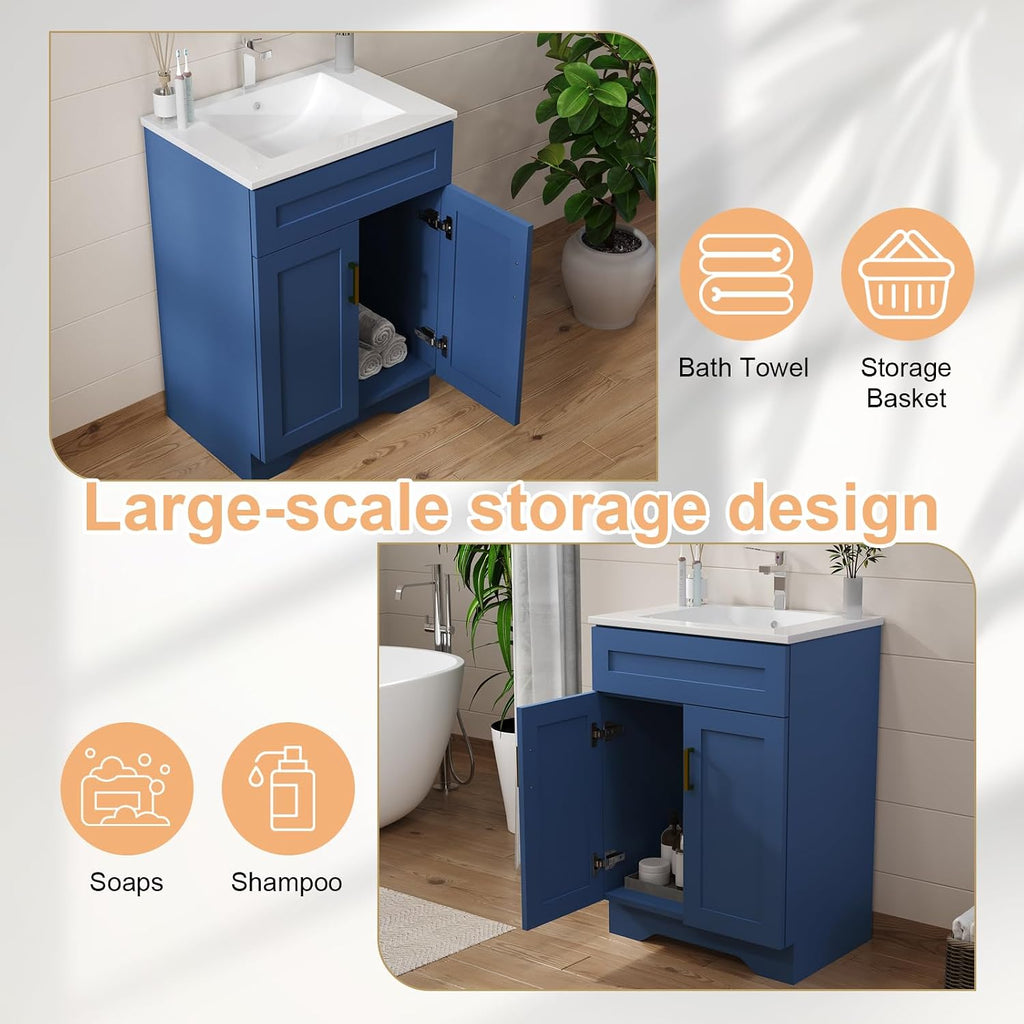 24 Inch Bathroom Vanity with Ceramic Basin and Countertop, Modern Bathroom Vanity with Sink, Narrow Design for Small Bathroom (Blue Shaker)