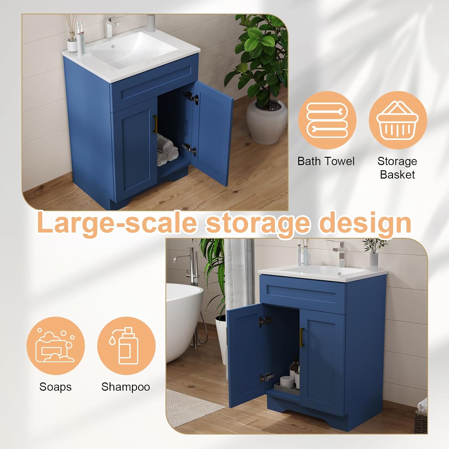 24 Inch Bathroom Vanity with Ceramic Basin and Countertop, Modern Bathroom Vanity with Sink, Narrow Design for Small Bathroom (Blue Shaker)