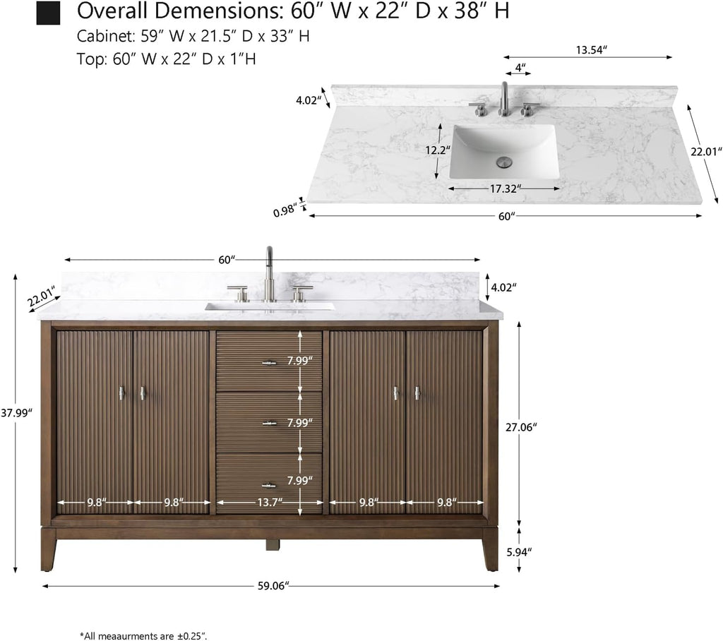 HOMEBEYOND 60' Bathroom Vanity with Single Sink & Engineered Marble Top, Solid Wood Frame, Linear Pattern & Soft Close Door | Golden Brushed Handware, Walnut