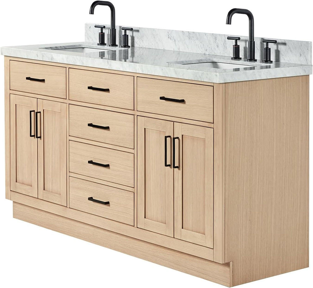 ARIEL Hepburn 66-inch Bathroom Vanity with Sink,Solid Wood, 1.5-inch Italian Carrara Marble Countertop, Double Rectangular Porcelain Sink, 4 Soft Closing Doors, 6 Dovetail Drawers, White Oak