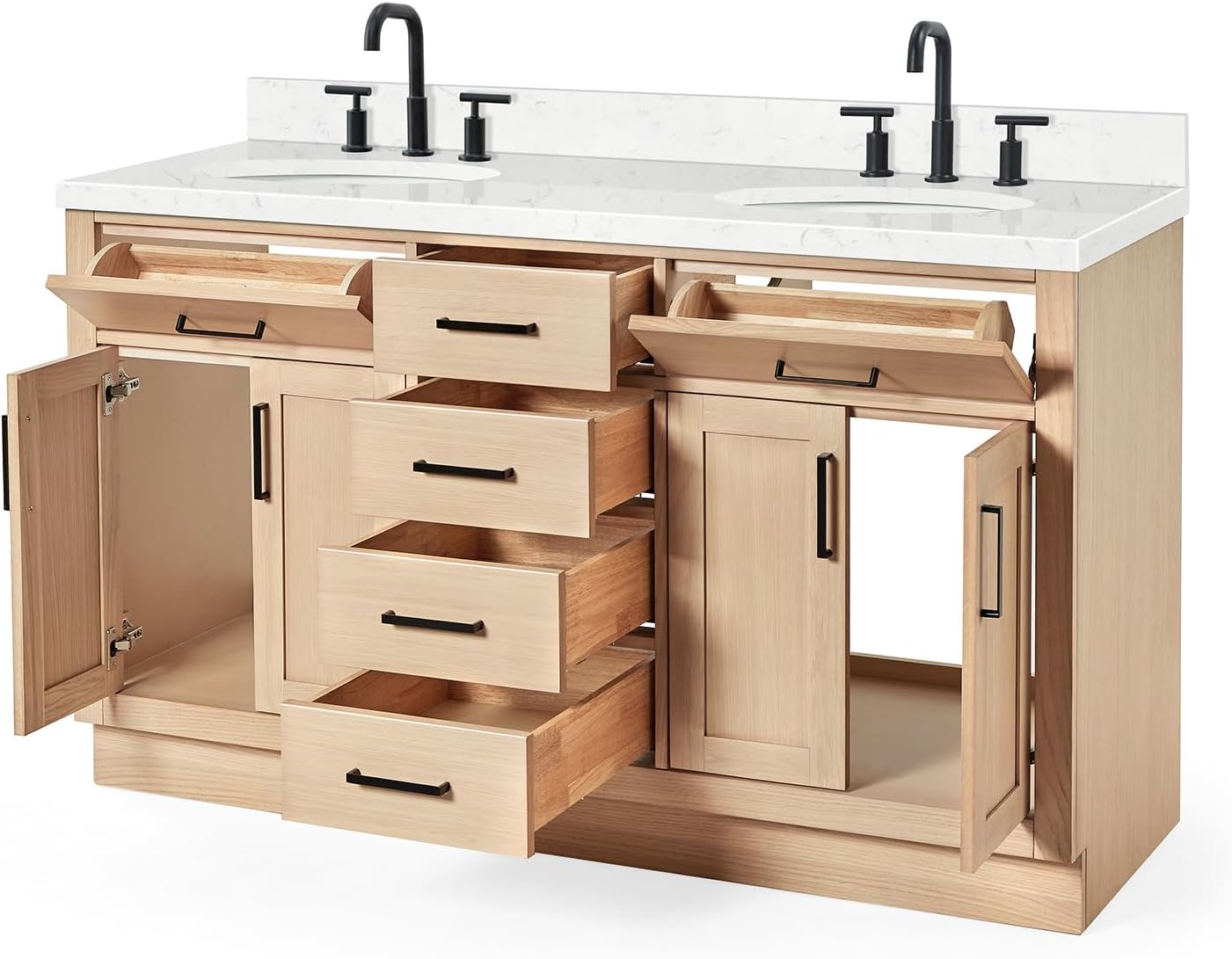 ARIEL Hepburn 60-inch Bathroom Vanity with Sink,Solid Wood, 1.5-inch Carrara White Quartz Countertop & Backsplash, Double Oval Porcelain Sink, 4 Soft Closing Doors, 6 Dovetail Drawers, White Oak