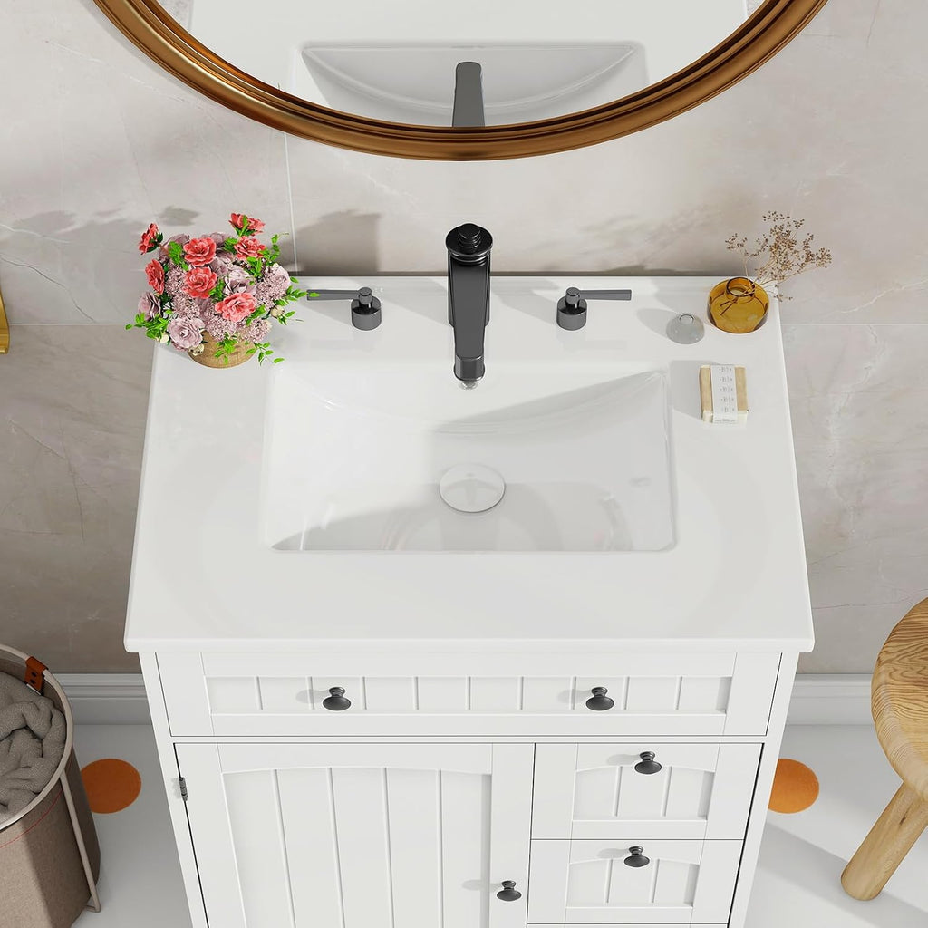 Vabches Bathroom Vanity with Sink Combo, Freestanding Bathroom Storage Cabinet with 4 Drawers and Sliding Door, Vintage Vanity Cabinet with Ceramic Sink, White