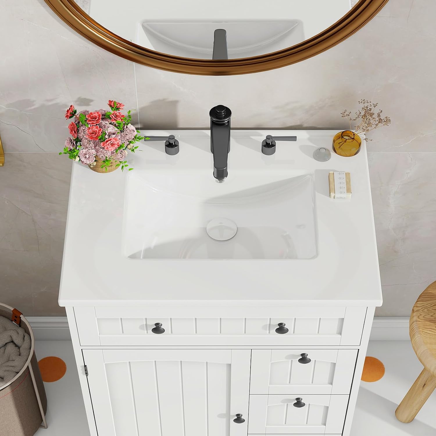 Vabches Bathroom Vanity with Sink Combo, Freestanding Bathroom Storage Cabinet with 4 Drawers and Sliding Door, Vintage Vanity Cabinet with Ceramic Sink, White