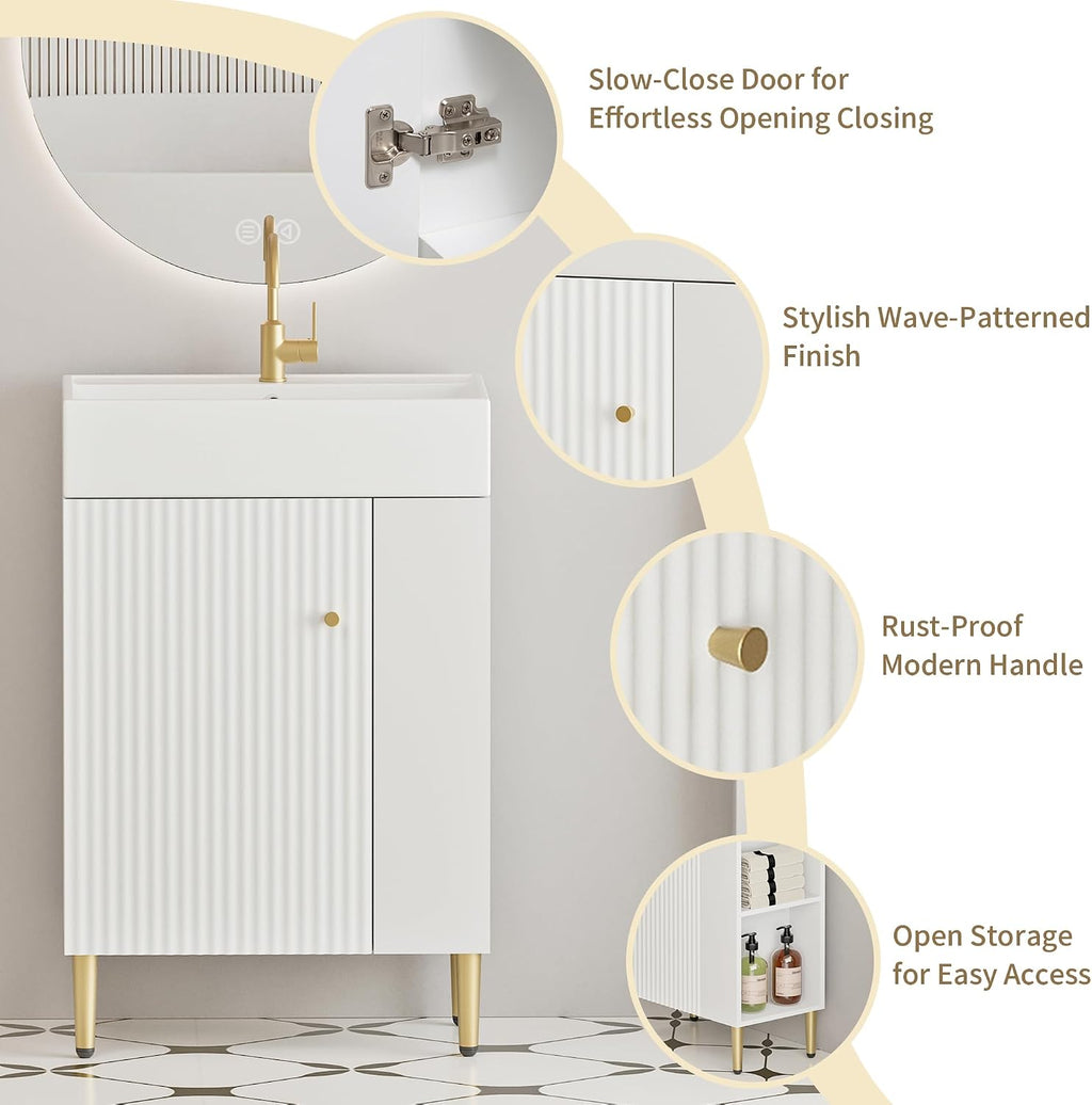 21.6 Inch Bathroom Vanity with Sink, Vanities with Square Ceramic Sink Top and Right Side Storage, Combo Stand Storage Cabinet Set for Small Bathroom (White)