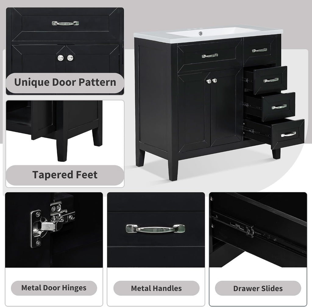 LUMISOL 36 Inch Bathroom Vanity with Ceramic Sink, Solid Wood Bathroom Storage Cabinet with 3 Drawers & 2 Soft-Close Doors, Freestanding Vanity with Sink Combo Set, Black