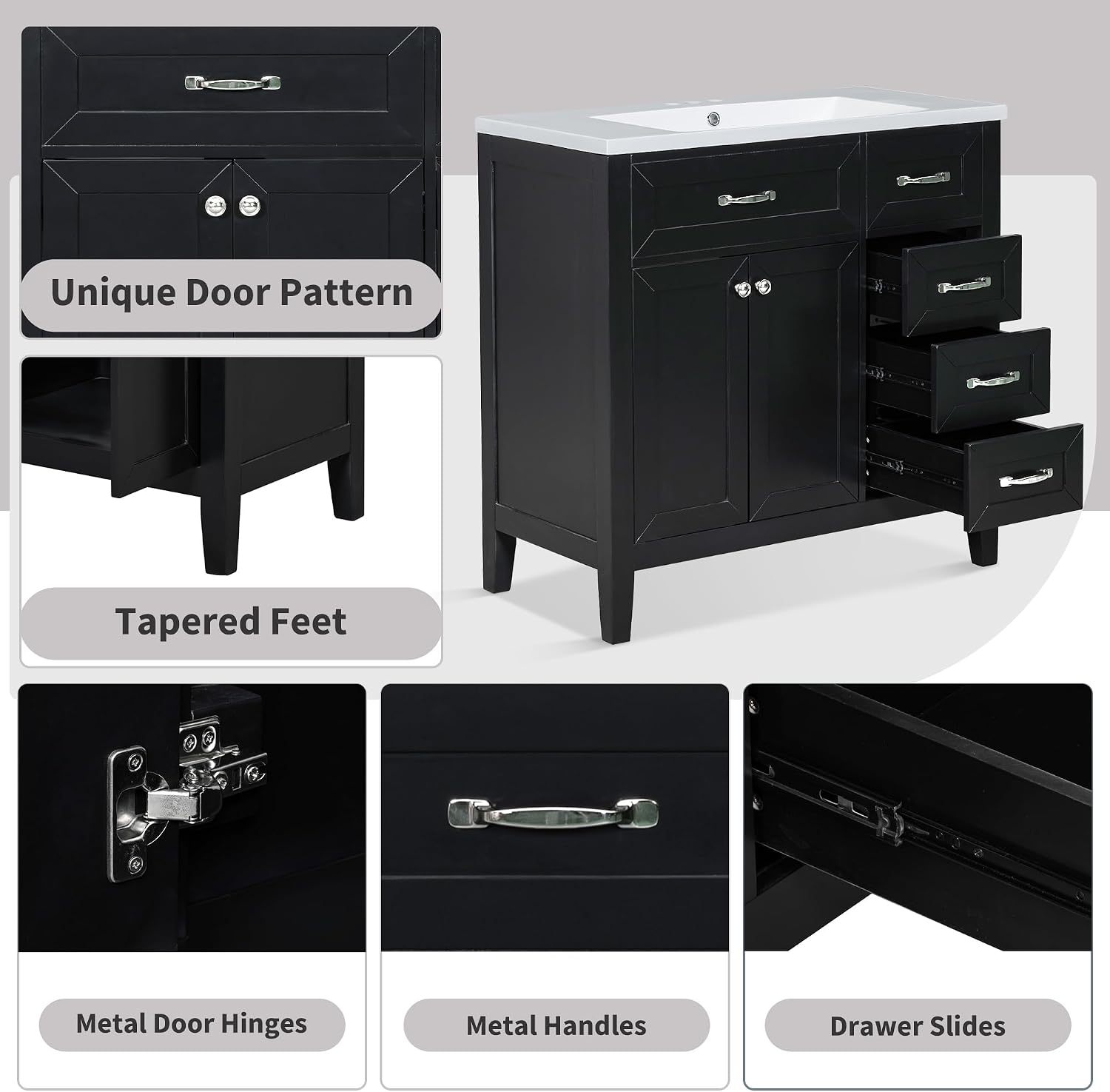 LUMISOL 36 Inch Bathroom Vanity with Ceramic Sink, Solid Wood Bathroom Storage Cabinet with 3 Drawers & 2 Soft-Close Doors, Freestanding Vanity with Sink Combo Set, Black