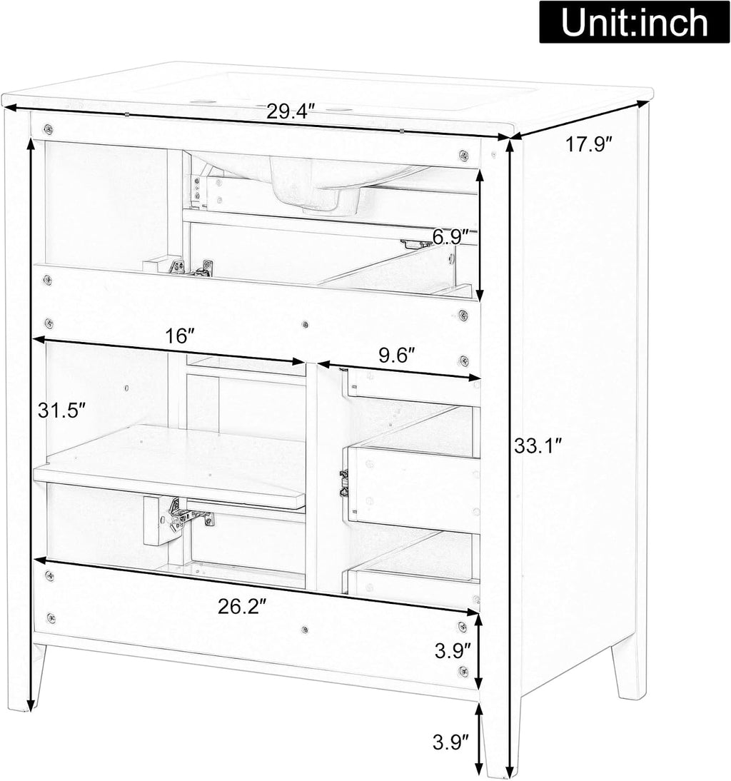 30-inch Bathroom Vanity with Sink Combo, Free-Standing Single Storage Cabinet with Tilt-Out Drawer, 3 Drawers, Adjustable Shelf & Storage Rack, Vanity with Ceramic Basin for Bathroom (Black)