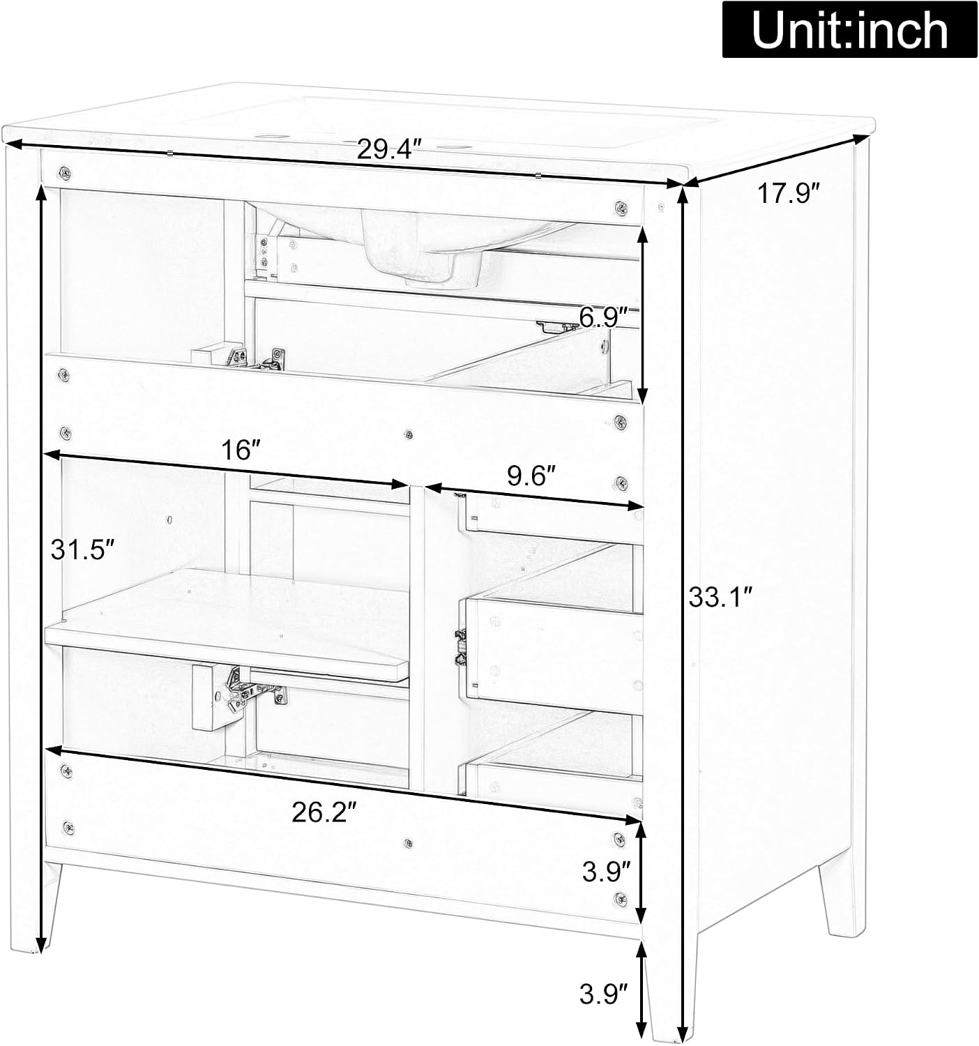 30-inch Bathroom Vanity with Sink Combo, Free-Standing Single Storage Cabinet with Tilt-Out Drawer, 3 Drawers, Adjustable Shelf & Storage Rack, Vanity with Ceramic Basin for Bathroom (Black)