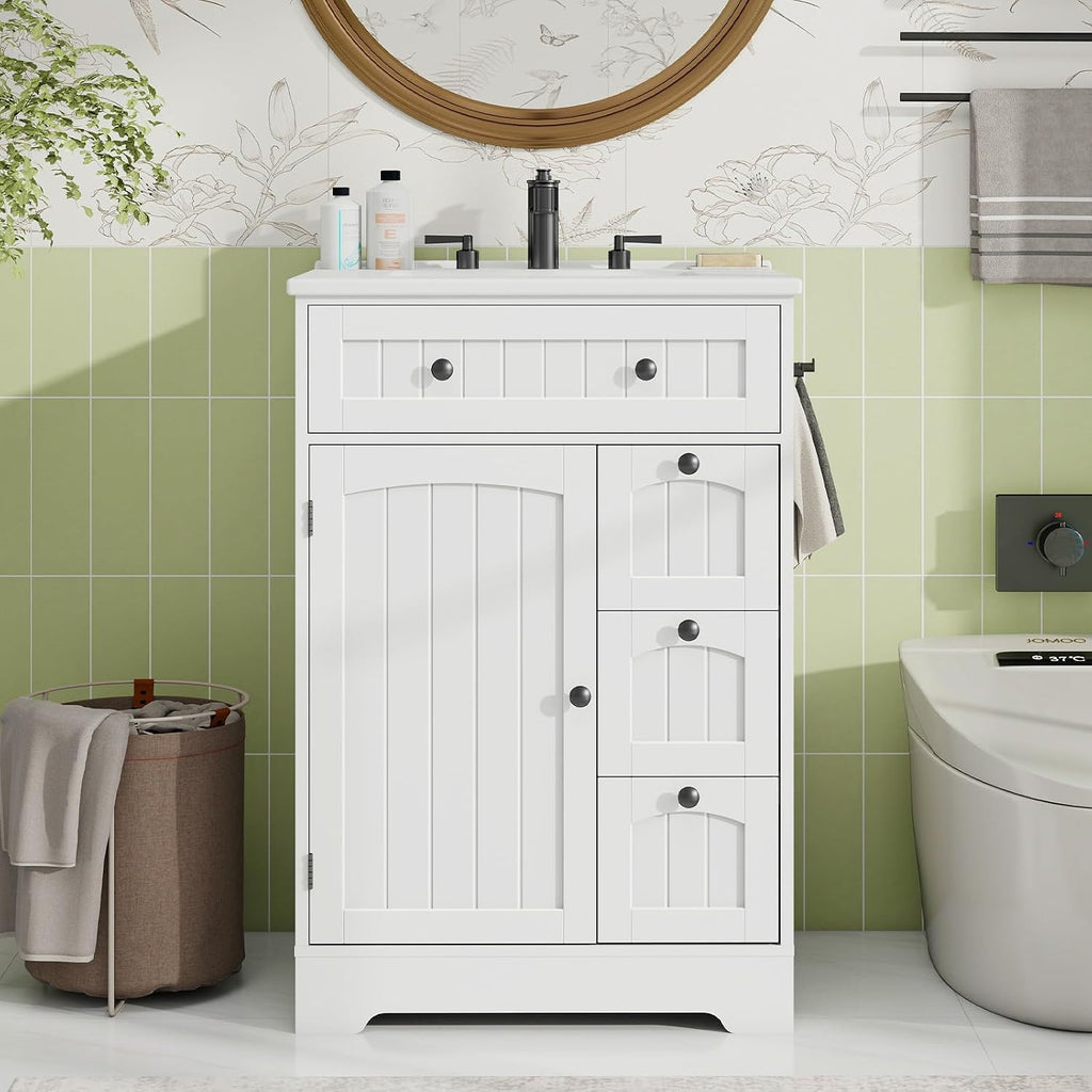 Vabches Bathroom Vanity with Sink Combo, Freestanding Bathroom Storage Cabinet with 4 Drawers and Sliding Door, Vintage Vanity Cabinet with Ceramic Sink, White