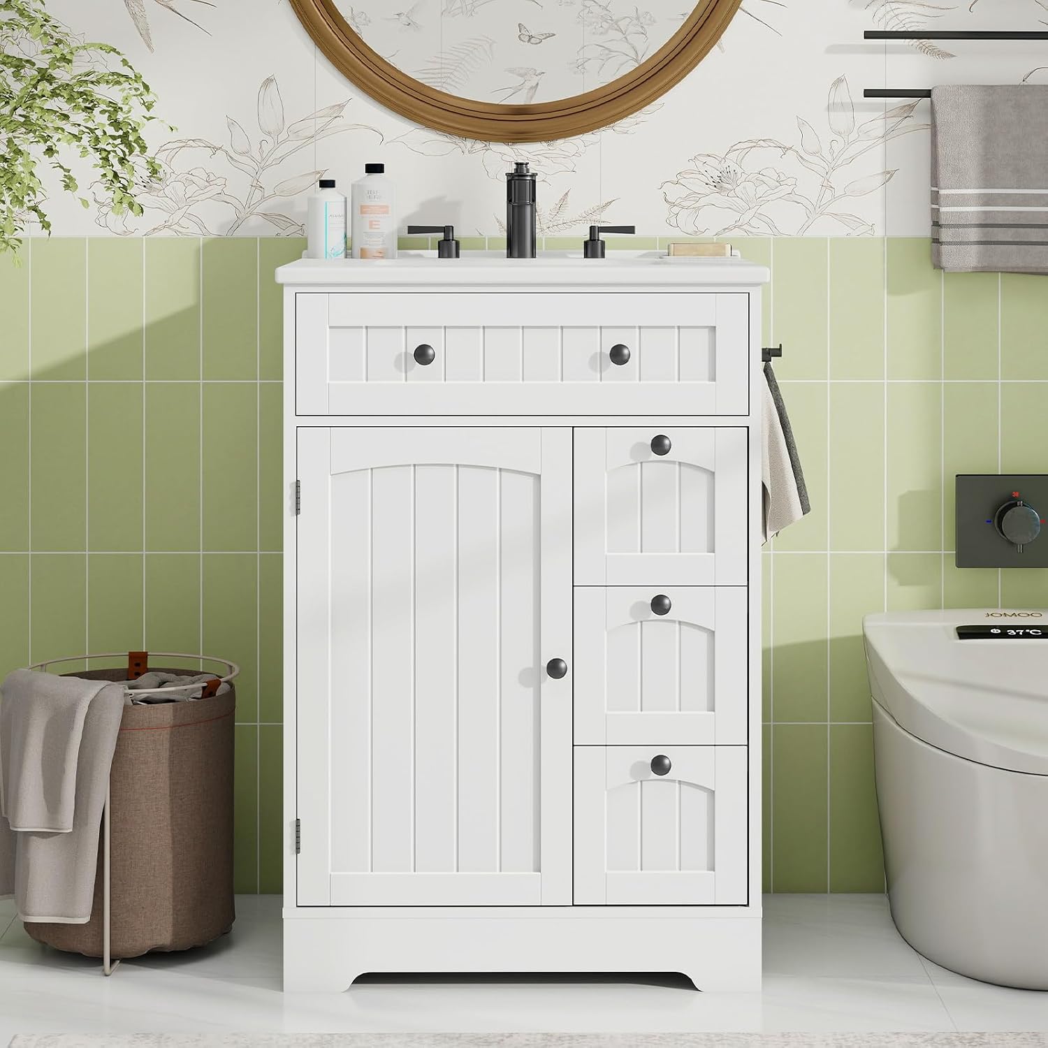 Vabches Bathroom Vanity with Sink Combo, Freestanding Bathroom Storage Cabinet with 4 Drawers and Sliding Door, Vintage Vanity Cabinet with Ceramic Sink, White