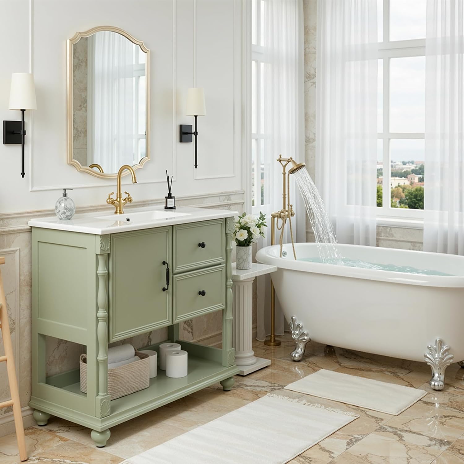 ONBRILL 36' Bathroom Vanity with Sink Combo, Modern Bathroom Vanities with Open Storage Shelf, 4 Solid Legs, Drawer, Door, Ceramic Integrated Sink, Freestanding Bath Storage Cabinet (Green)