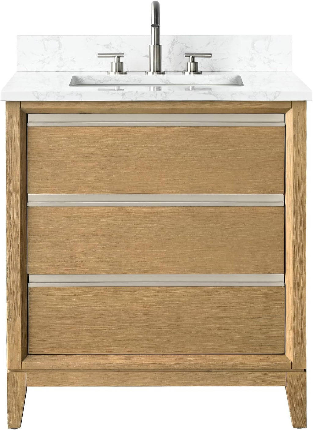 Vanity Art 30 inch Small Bathroom Vanity with Sink & Ceramic Top, Oak Vanity Cabinet with 3 Drawers, Solid Wood Frame, Ceramic Sink, Natural Oak, VA8030-NO1