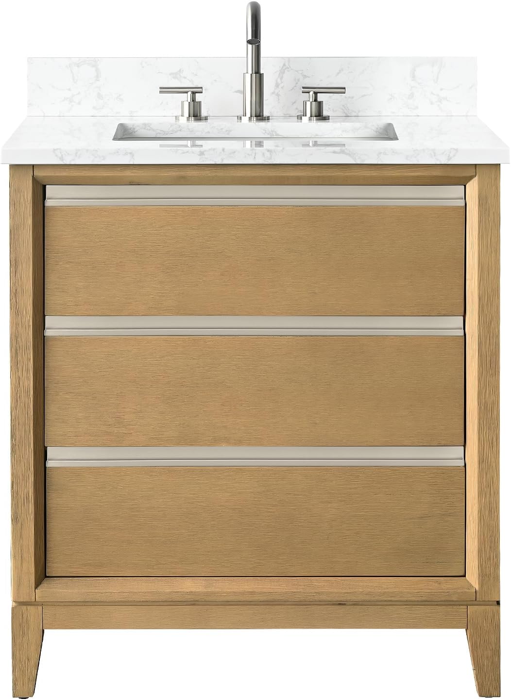 Vanity Art 30 inch Small Bathroom Vanity with Sink & Ceramic Top, Oak Vanity Cabinet with 3 Drawers, Solid Wood Frame, Ceramic Sink, Natural Oak, VA8030-NO1